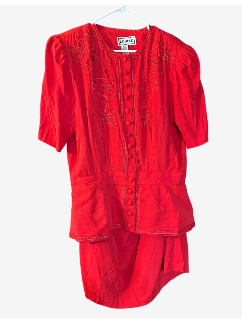 L.G. Star Red Embroidered Long Peplum Top Skirt Set Size 16 Vintage 80s 90s